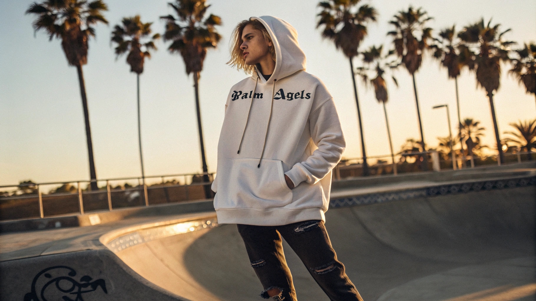 A model wearing a Palm Angels-inspired oversized hoodie with gothic typography, blending luxury fashion and skate culture, posing against a sunlit Los Angeles skate park with swaying palm trees in the background, exuding a rebellious yet effortlessly cool vibe.
