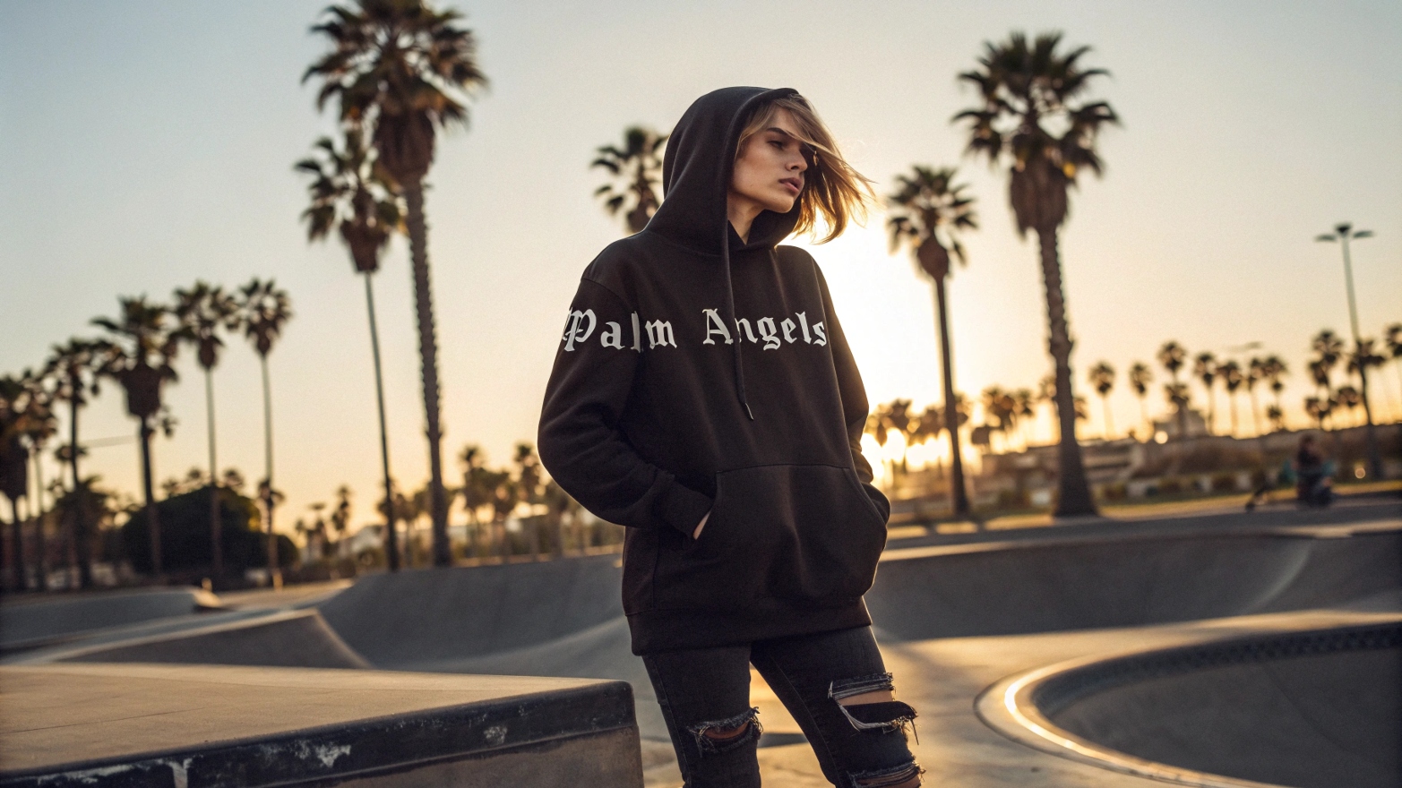 A model wearing a Palm Angels-inspired oversized hoodie with gothic typography, posing at a sunlit Los Angeles skate park with palm trees swaying in the background, capturing a rebellious yet effortlessly cool streetwear aesthetic.