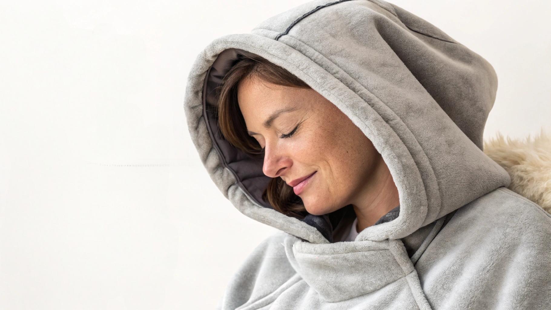 A close-up display of the Huggle Hoodie, emphasizing its oversized fit, plush fleece material, and soft, cozy interior. The image showcases the large hood, generously sized pockets, and how the hoodie doubles as a blanket or lounging cover-up, focusing on comfort, functionality, and freedom of movement for cozying up at home