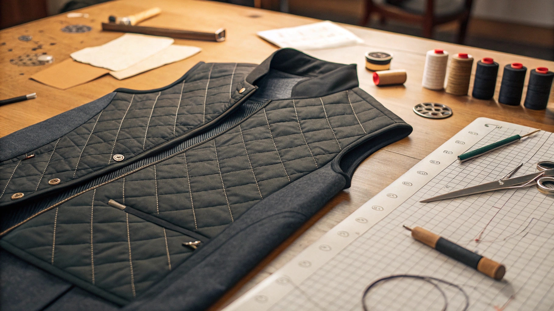 A close-up editorial of a tailor’s workshop table showing the construction of a high-end quilted jacket. Diamond-stitched panels are being aligned and sewn with insulation layered beneath, and curved sleeves are partially assembled. Surrounding the scene are sewing tools—chalk, needles, and paper patterns—captured in warm studio light that enhances fabric depth and showcases meticulous craftsmanship.