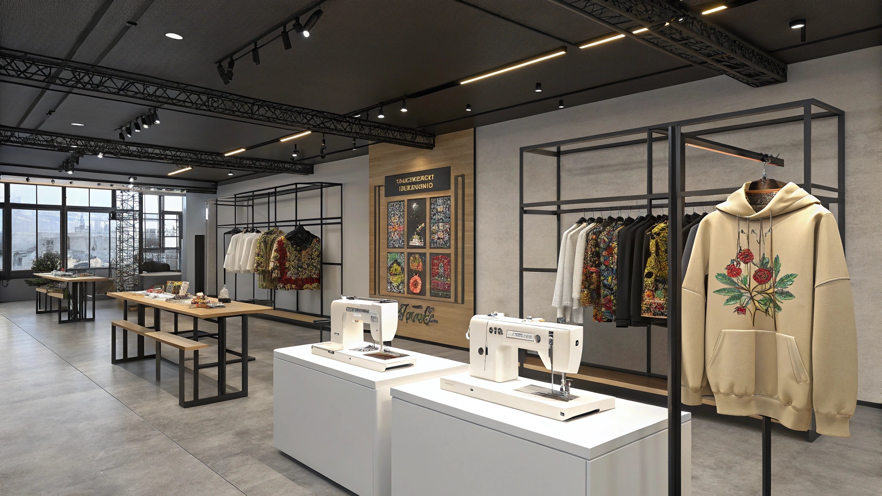Contemporary fashion studio showcasing Bless's premium custom streetwear, featuring hoodies, sweatshirts, and jackets with personalized logos, vibrant graphics, and intricate embroidery in a modern design setting.