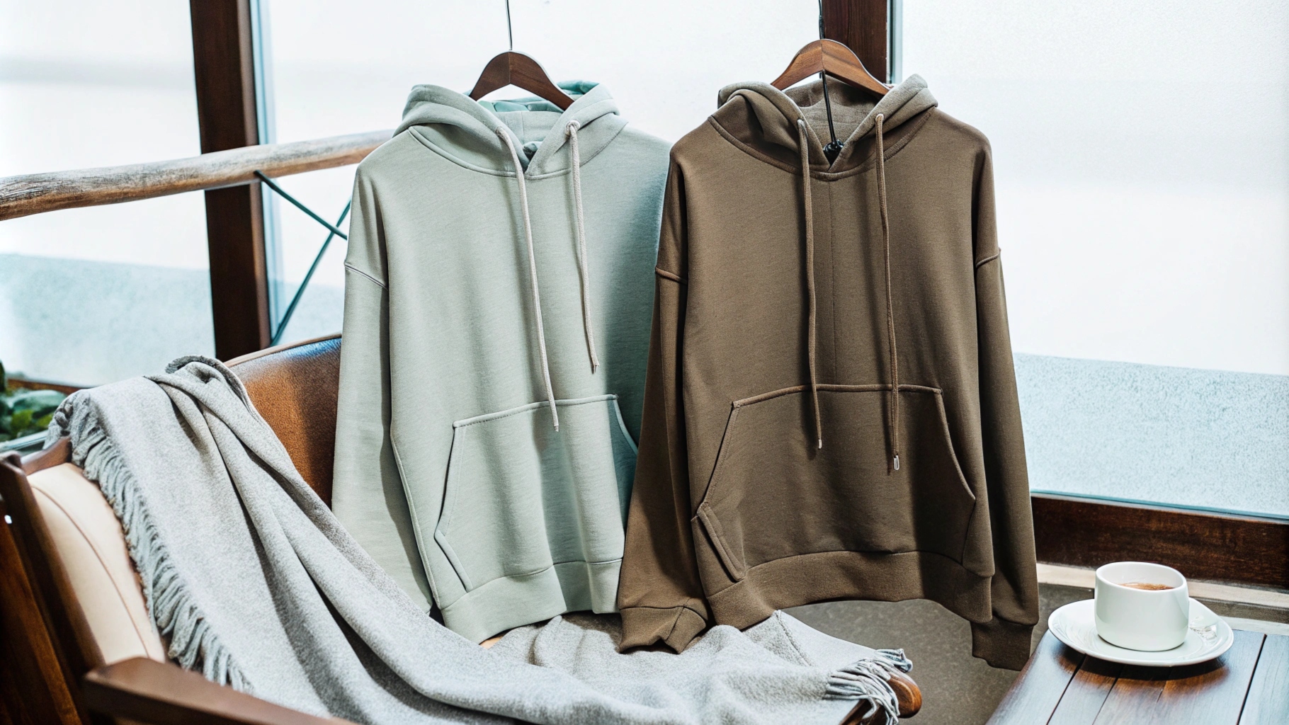 A pullover hoodie on a chair and a zip-up hoodie on a hanger in a cozy indoor scene with a blanket and coffee, emphasizing warmth and versatility.