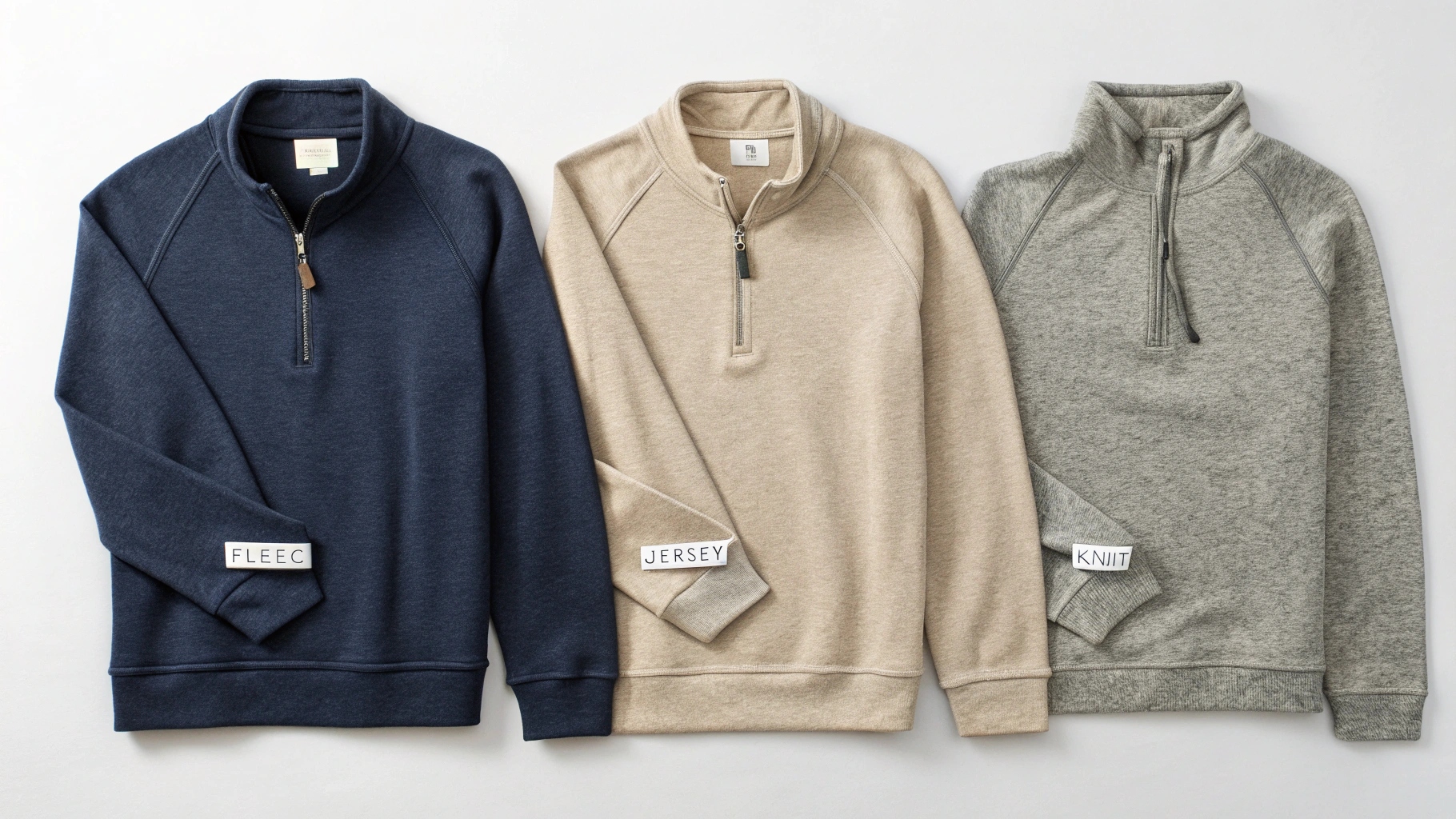  A fashion showcase comparing sweatshirt fabrics, including cotton, blends, fleece-lined, and sustainable materials, in a modern setting.