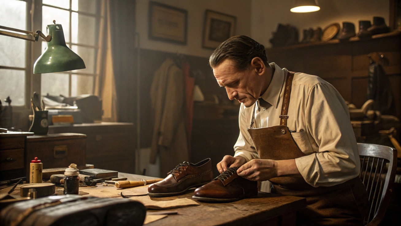 A historical scene of Adolf 'Adi' Dassler in his 1949 workshop, handcrafting the first Adidas shoes, surrounded by vintage tools and leather materials, with warm ambient lighting and earthy tones.