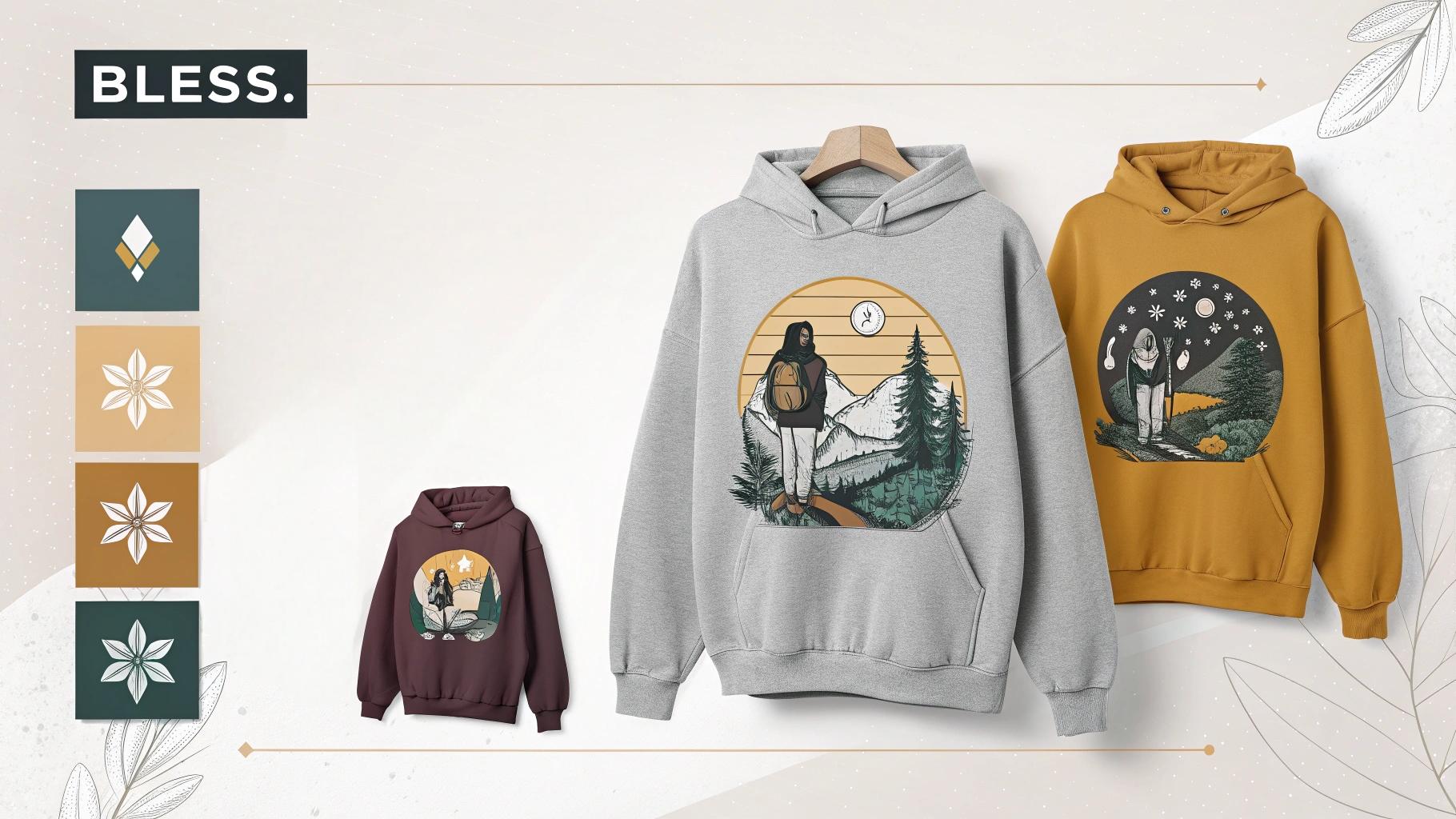 A display of customizable graphic sweatshirts from Bless, showcasing options for custom logos, artwork, and text. The image highlights various graphic placements, from large center prints to subtle logo designs, and includes fabric choices like cotton, fleece, and organic materials. It emphasizes the fast production process, with samples available in 7-10 days and bulk orders completed in 20-35 days, ensuring quick and efficient customization.