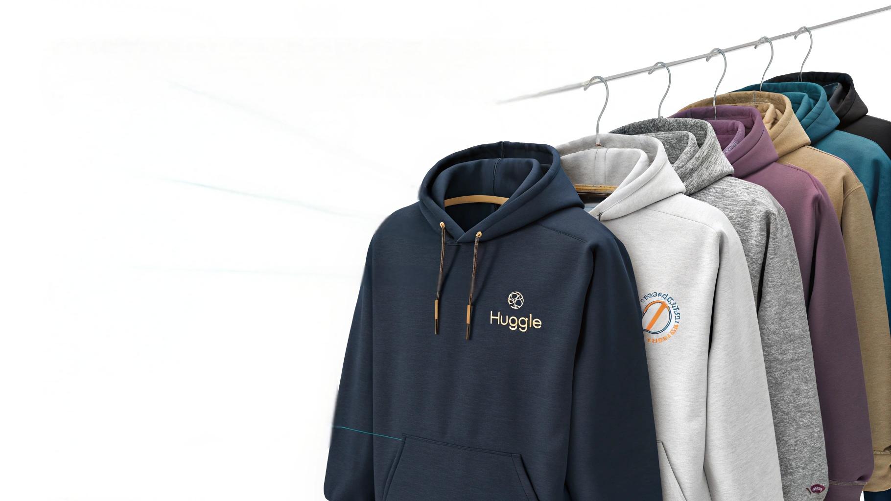 A display of customizable hoodies and sweatshirts, showcasing options for selecting fabrics, colors, and branding similar to the Huggle Hoodie. The image highlights customization features like embroidery, custom logos, and unique fabrics, emphasizing the efficient production process with a quick sample turnaround (7-10 days) and bulk order completion (20-35 days), catering to businesses and startups