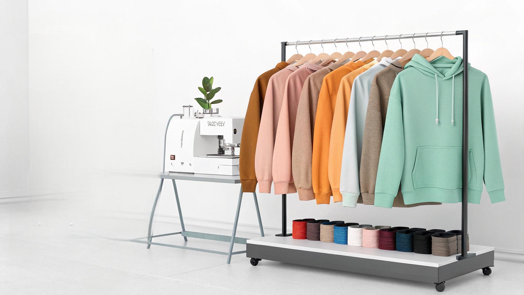 A display of customizable sweatshirts at Bless, showcasing trendy colors for 2025 like earth tones, pastels, and neons. The image highlights options for adding custom logos, embroidery, and prints to personalize the sweatshirts for branded merchandise or unique collections. It emphasizes the fast production time, with sample creation in 7-10 days and bulk order fulfillment in 20-35 days, showcasing the customization process from start to finish