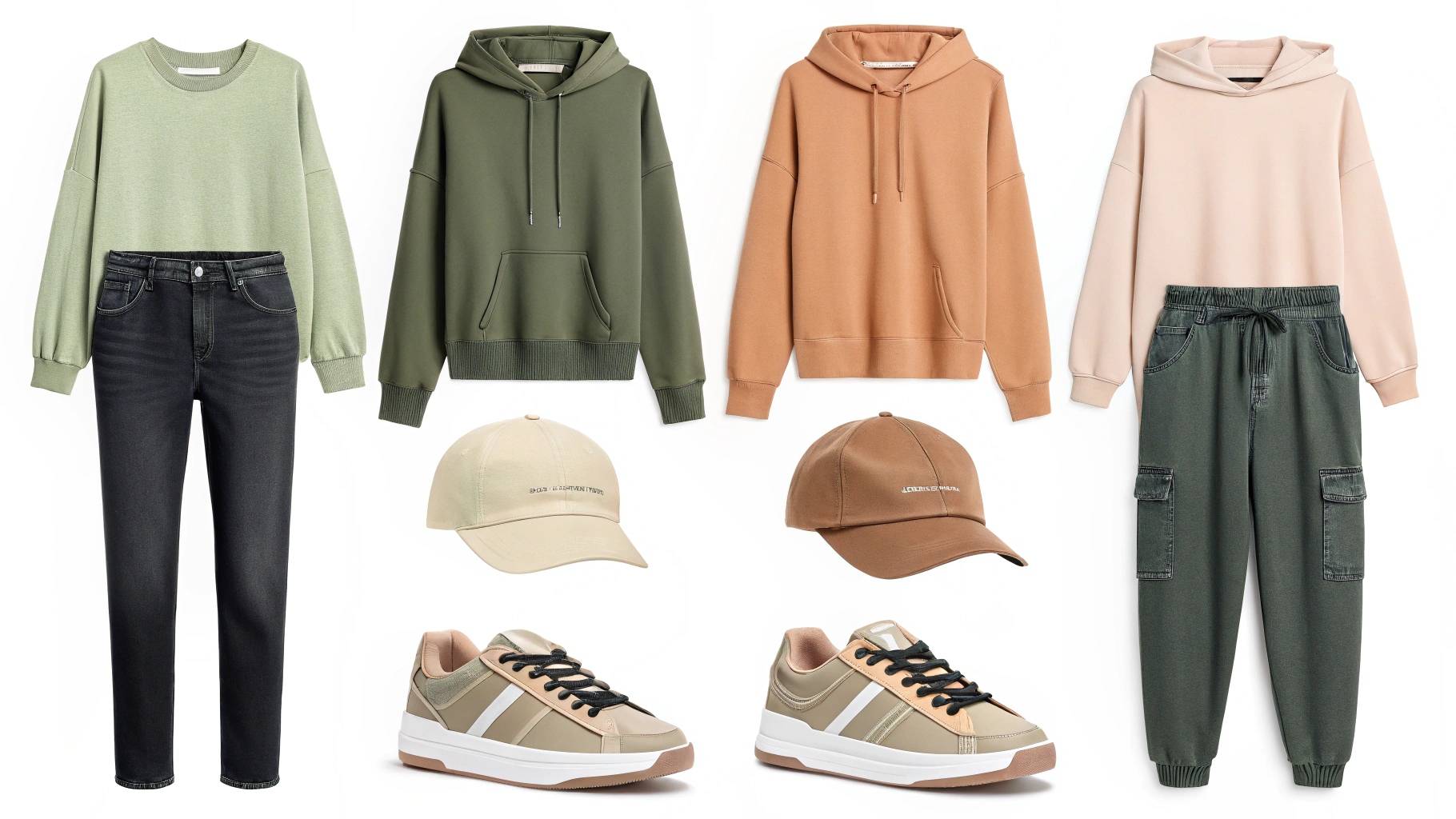 A display of sweatshirts styled in trendy 2025 colors: earth tones like tan and olive paired with dark jeans or black leggings for a relaxed, stylish look, neon sweatshirts mixed with sporty joggers, caps, and high-top sneakers for a bold streetwear style, and soft pastel sweatshirts layered with jackets or cardigans for a fresh, spring-ready outfit. The image highlights the versatility of these trendy colors in different outfits and settings