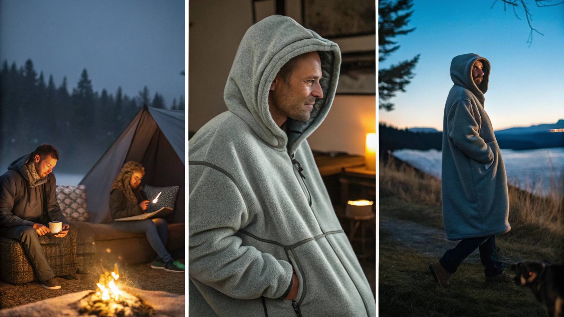 A display of the Huggle Hoodie in various settings, showcasing its primary use for lounging at home with an oversized fit and plush fleece for comfort. The image also highlights its versatility for light outdoor use, like sitting by a bonfire or walking the dog on a cold evening, and features the hoodie as a thoughtful gift idea for those who value comfort during