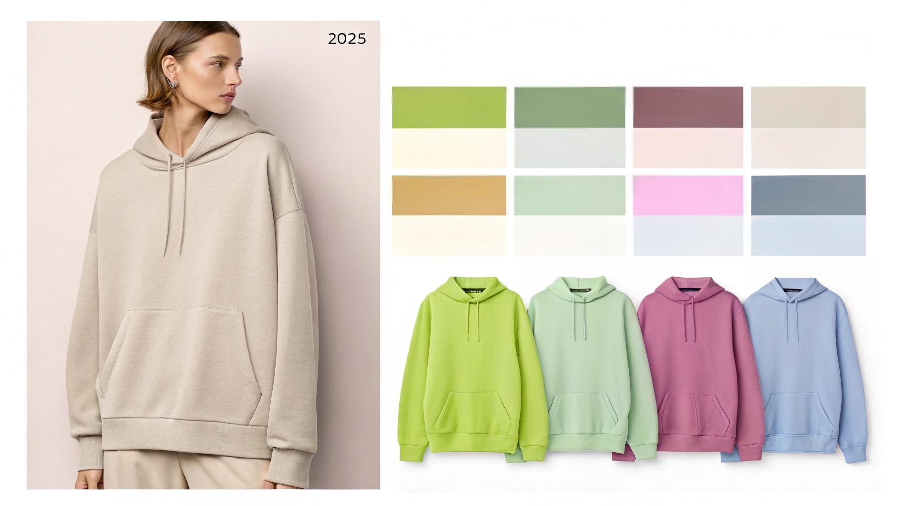 A display of trending sweatshirt colors for 2025, showcasing muted tones like beige, taupe, and light greys, along with vibrant neon accents like lime green, hot pink, and electric blue. The image also includes pastel shades like soft lilac and powder blue, and earthy tones such as olive, rust, and tan, reflecting the growing trend toward grounding, warmth, and bold fashion choices