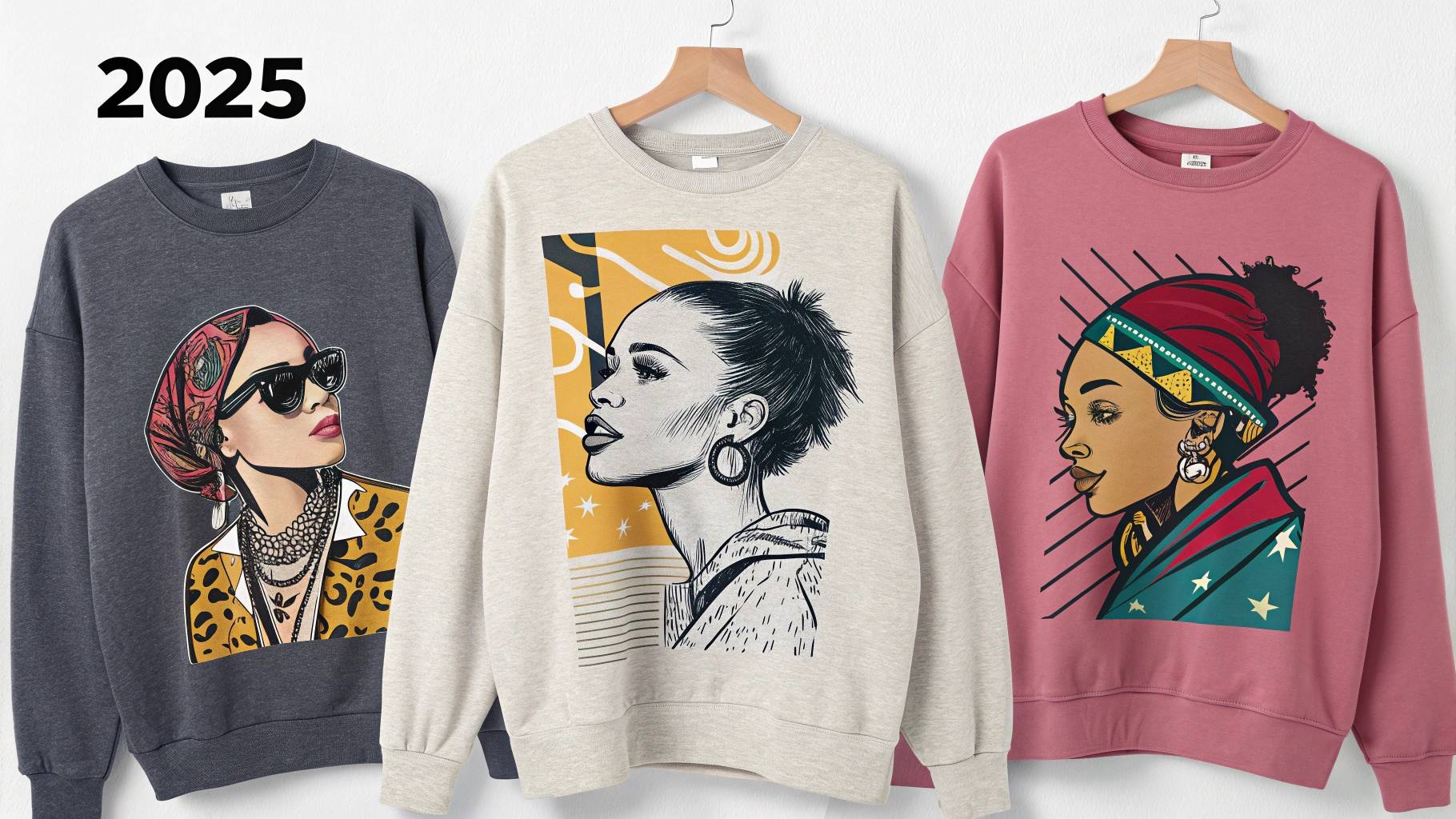 A display of women’s graphic sweatshirts in 2025, featuring creative prints, bold logos, and culturally relevant designs that make them a staple in streetwear fashion. The image highlights the influence of celebrities and influencers wearing graphic sweatshirts in their daily outfits, keeping the trend alive. It also showcases pop culture references, from iconic movie characters to social media trends, making these sweatshirts highly desirable for younger generations