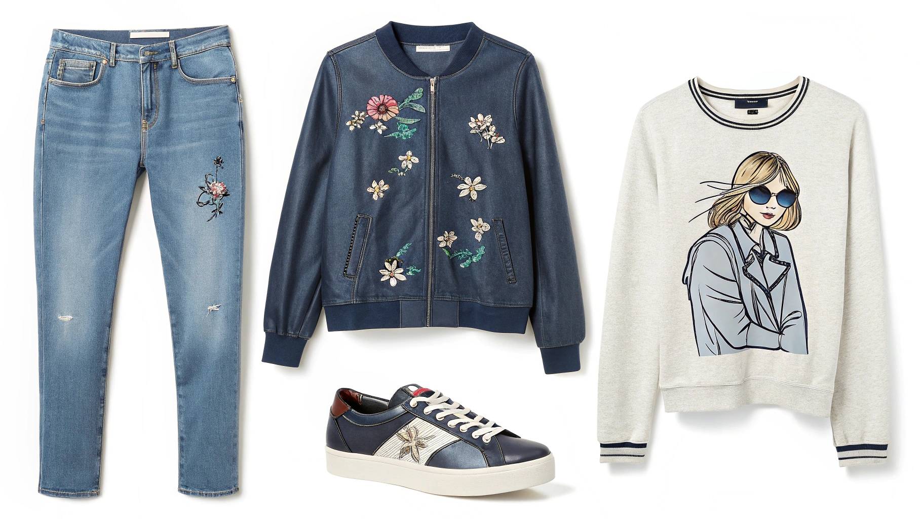 A display of women’s graphic sweatshirts styled for different occasions: for a casual day, paired with jeans or leggings and sneakers for a relaxed, stylish look; for street style, layered under a bomber jacket or leather jacket to create a streetwear-inspired outfit for colder weather; and for smart casual, paired with tailored trousers or a skirt for a unique mix of comfort and sophistication, perfect for casual office days or lunch meetings