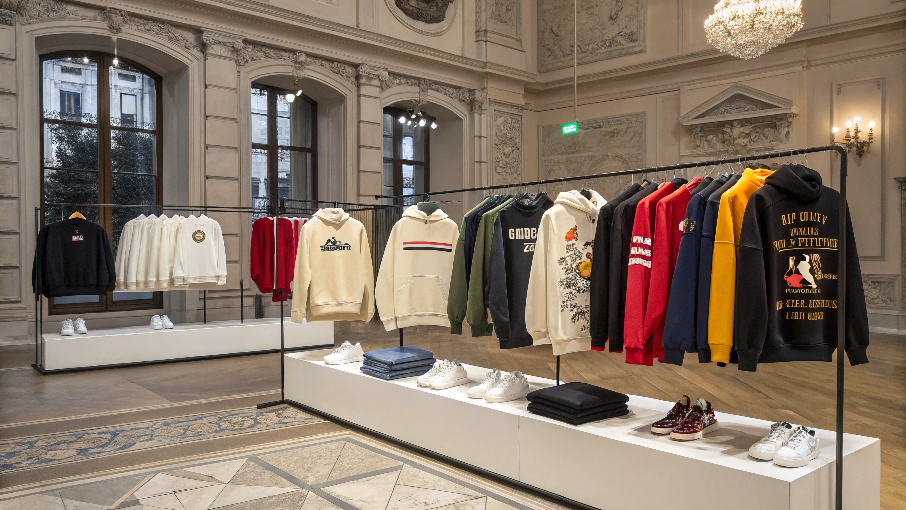 A diverse collection of men's sweatshirts, including luxury, streetwear, sportswear, and budget-friendly styles, in a stylish retail setting.