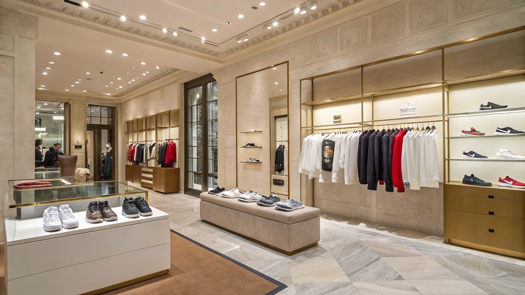 High-end retail space featuring Kith’s exclusive collaborations with Versace, Tommy Hilfiger, and Moncler, alongside premium sneakers from Nike, Adidas, and New Balance, displayed in a stylish, minimalist setting.