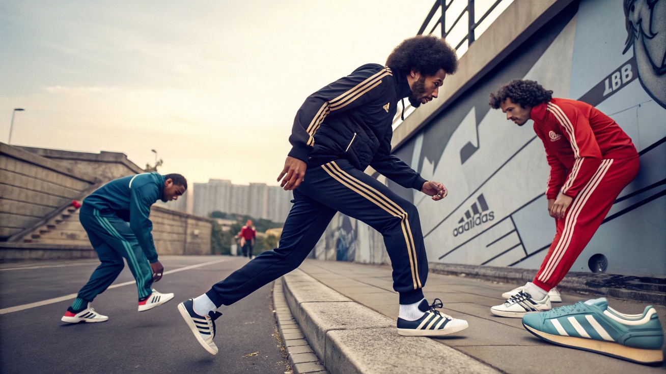 A dynamic timeline collage showcasing Adidas' evolution, featuring Run-D.M.C. in 1980s tracksuits, a FIFA World Cup player in 1954 cleats, and a modern athlete in Boost sneakers, blending vintage and futuristic aesthetics.