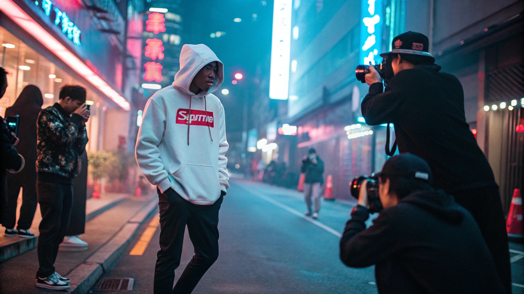 A stylish influencer wearing a Supreme box logo hoodie, surrounded by fans taking photos, set against a neon-lit city backdrop, blending skate culture and hip-hop fashion with cinematic lighting.