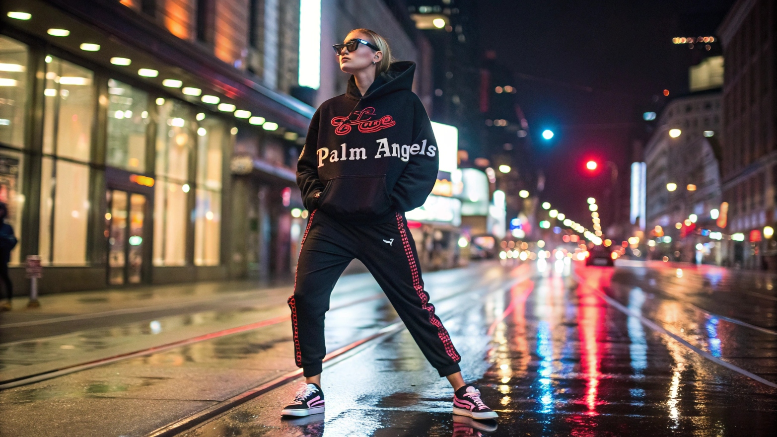 A model wearing a Palm Angels tracksuit with bold gothic lettering, oversized sunglasses, and designer sneakers, posing confidently in a neon-lit urban street at night with reflections on wet pavement, capturing the essence of luxury streetwear.