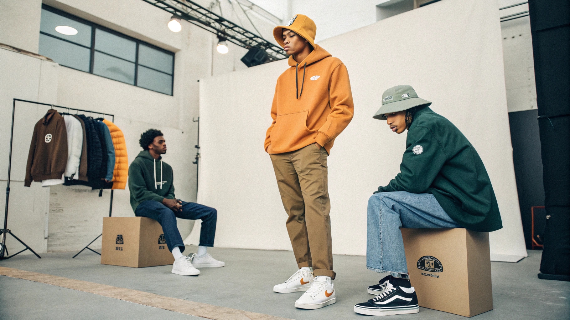 A fashion-forward streetwear scene blending vintage-inspired Stüssy styles with modern cuts and experimental colorways, striking a balance between nostalgia and innovation. Featuring subtle branding in an authentic, low-profile setting reminiscent of Carhartt WIP, the display includes behind-the-scenes elements of custom manufacturing and private labeling for hoodies, T-shirts, and denim. Captured in an urban creative studio or minimalist retail space with fashion editorial styling