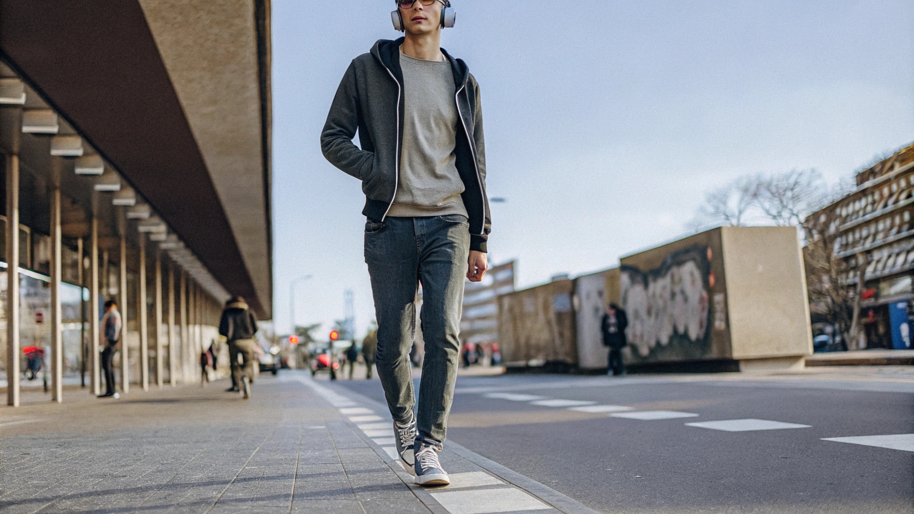 A man walking down a city street wearing a zip-up hoodie over a T-shirt, paired with slim-fit jeans and sneakers, set against an urban background with graffiti and modern architecture.