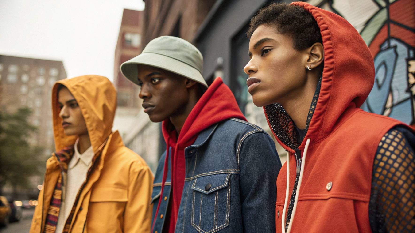A group of models wearing streetwear outfits in vibrant hues and neutral tones, showcasing how trends are influenced by seasonal changes, cultural movements, and designer collaborations, with close-ups highlighting fabrics like denim and mesh in an urban street art backdrop.