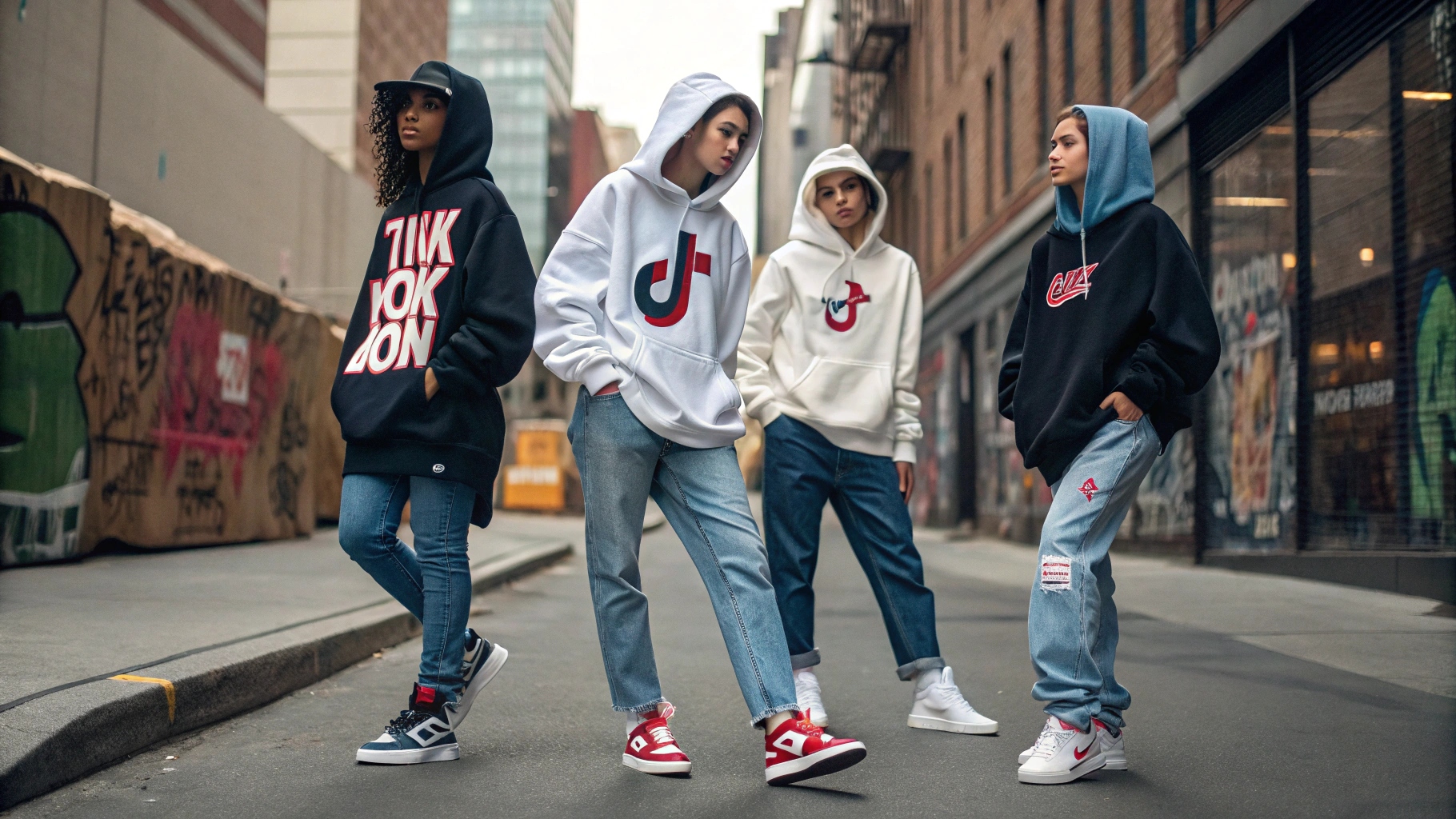 A group of stylish teenagers wearing oversized hoodies, baggy jeans, and graphic tees, paired with limited-edition Jordans and Yeezys, standing in a city street with graffiti walls, reflecting the influence of TikTok and Instagram on streetwear culture.