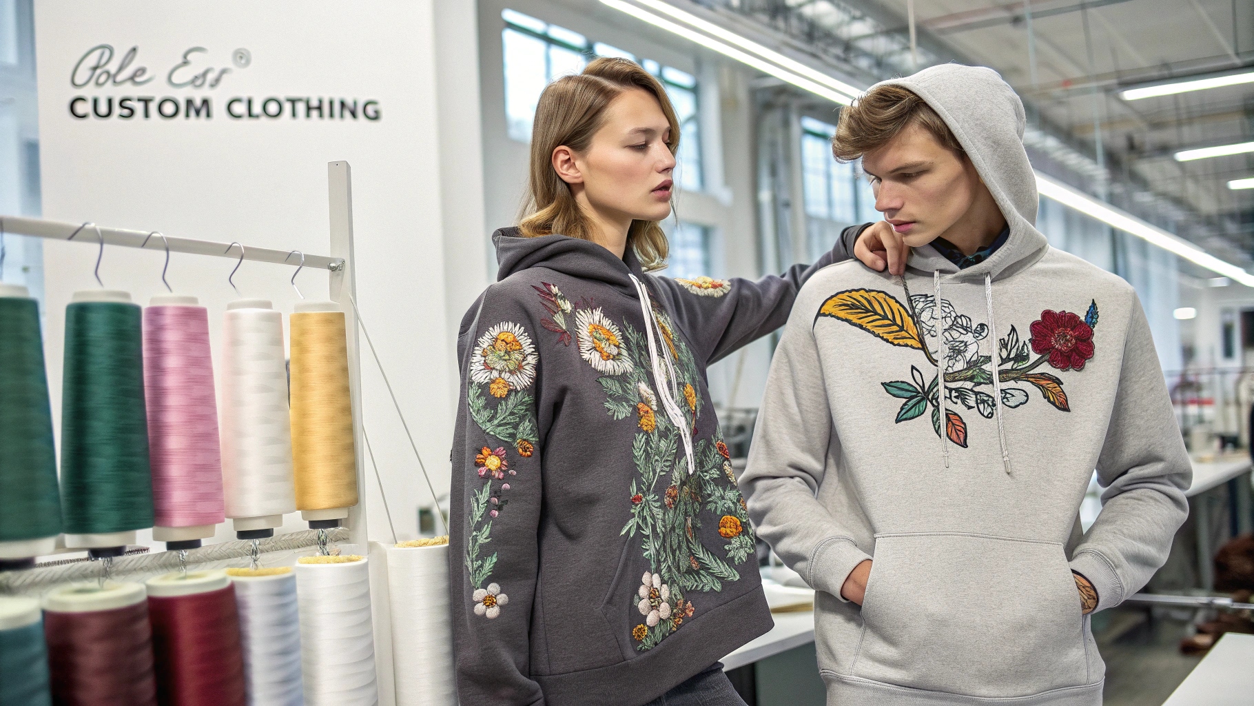 Custom fashion studio showcasing personalized sweatshirts with screen printing, embroidery, and fabric dyeing in a modern workspace.