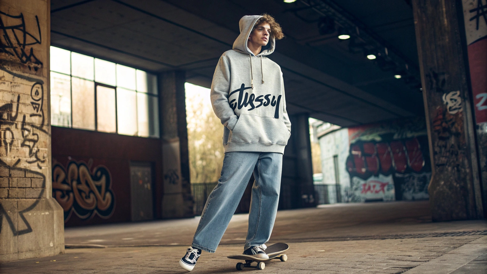A high-end fashion editorial shot of a Stussy-inspired streetwear collection, featuring a model in an oversized graphic hoodie with the iconic handwritten-style logo, loose-fitting jeans, and skate sneakers, set against graffiti walls in an urban setting with dynamic lighting.