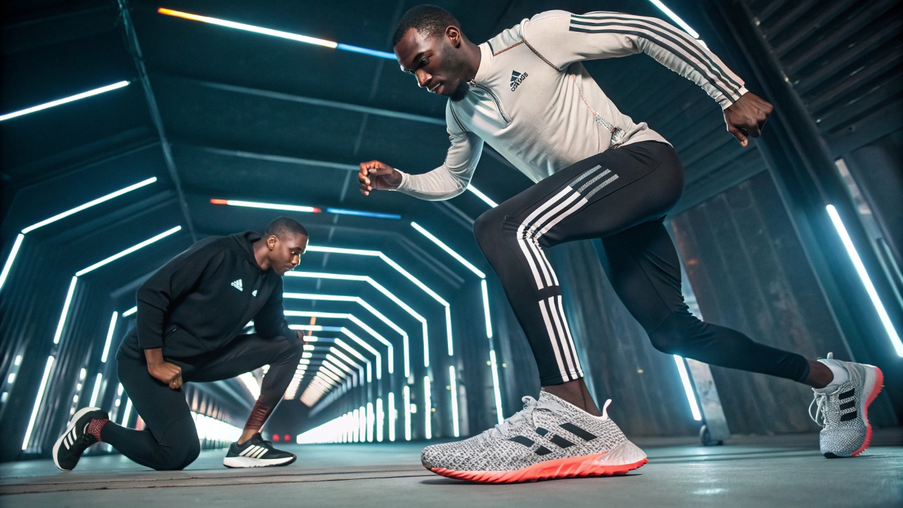 A high-energy composition featuring an Olympic sprinter in Adidas gear, a FIFA player in Adidas cleats, a model in Yeezy x Adidas sneakers, and a designer crafting sustainable Adidas apparel, set in a futuristic yet authentic atmosphere.