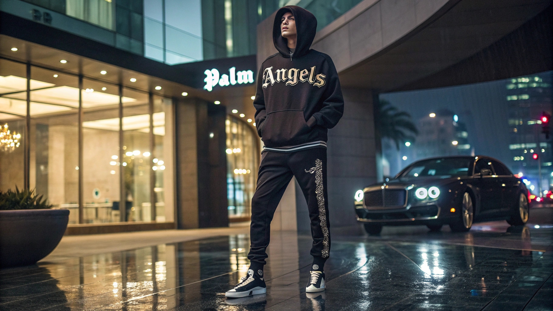 A model wearing a Palm Angels-inspired oversized hoodie with gothic typography, paired with slim-fit track pants and designer sneakers, posing in an upscale urban setting with modern architecture, moody lighting, and a sleek luxury car in the background.