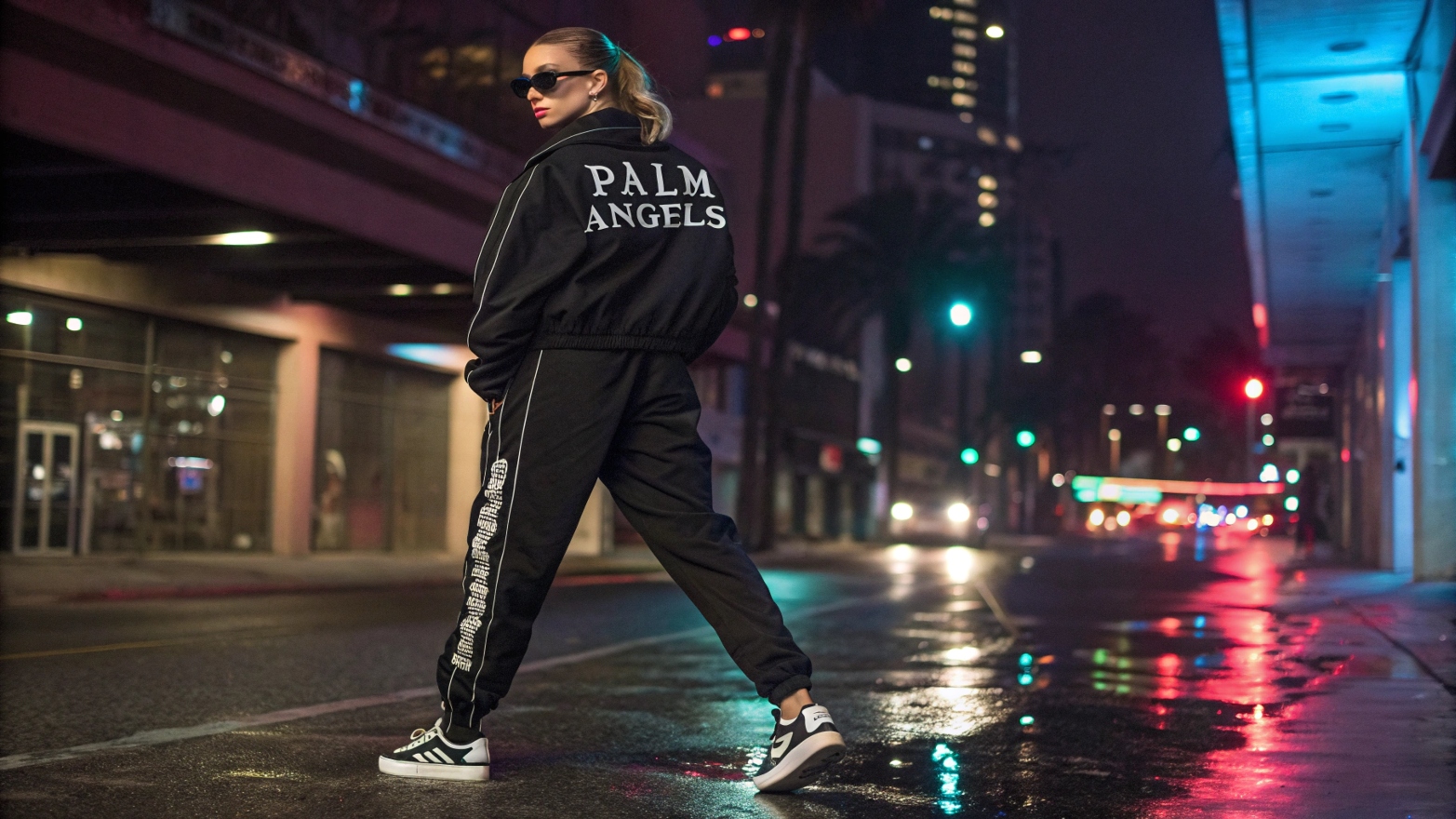 A model wearing an oversized black Palm Angels-inspired tracksuit with gothic lettering on the back, chunky sneakers, and futuristic sunglasses, striking a confident pose on a neon-lit urban street at night with wet pavement reflecting city lights.