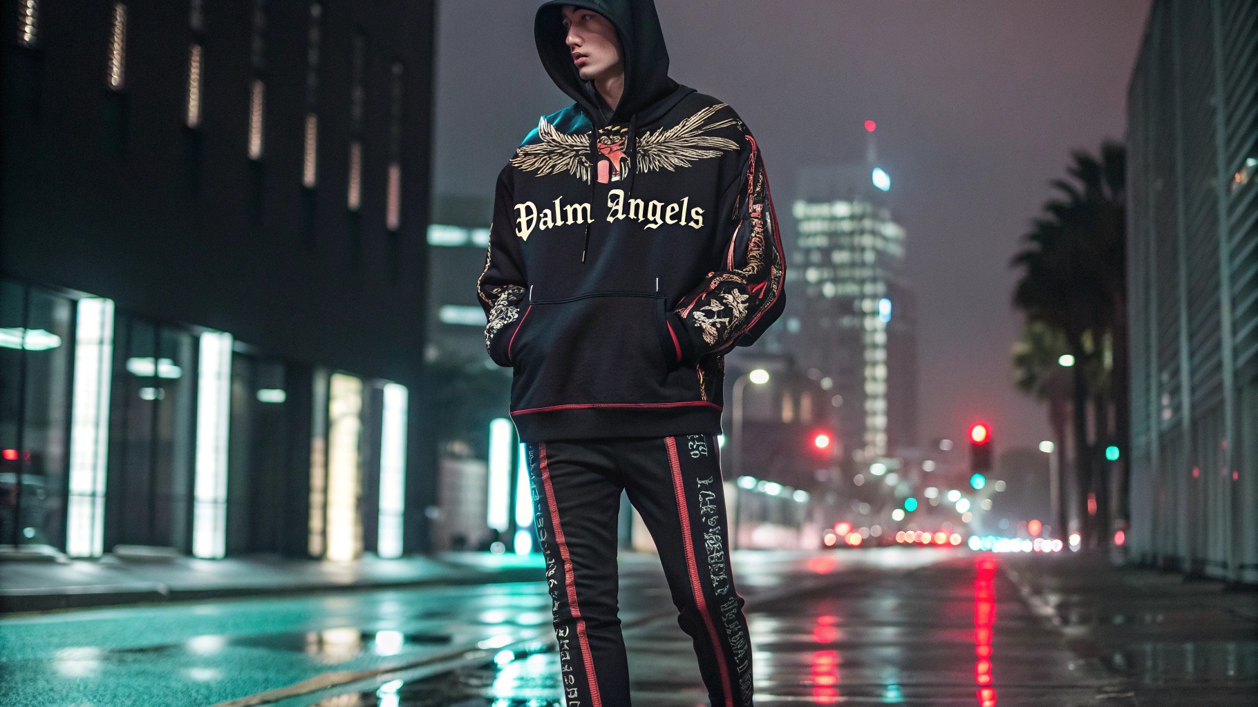 A model wearing a custom Palm Angels-inspired oversized hoodie with gothic typography and intricate embroidery, paired with slim-fit track pants with side stripes, standing in a sleek urban setting with neon city lights reflecting off wet pavement, creating a moody yet luxurious atmosphere.