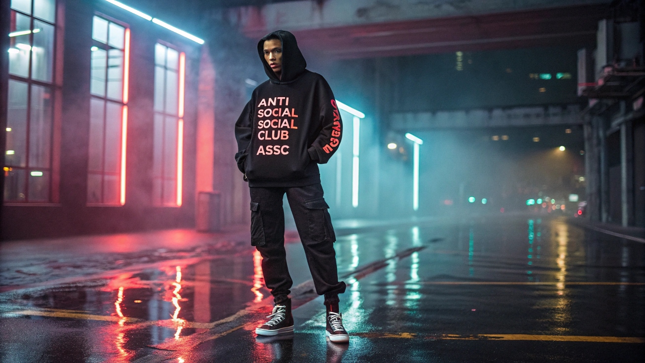 A model wearing a custom-designed Anti Social Social Club-inspired oversized hoodie with bold graphic prints and neon typography, paired with sleek cargo pants and statement sneakers, set in a moody urban setting with neon reflections on wet pavement.