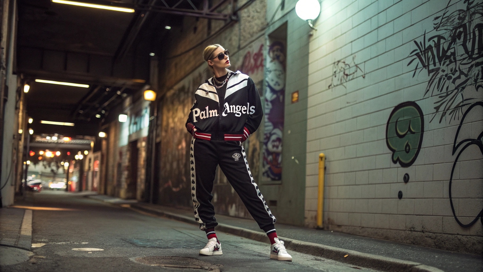 A model wearing a Palm Angels tracksuit with bold gothic lettering and an oversized silhouette, paired with high-end sneakers and designer accessories, standing confidently in an urban alley with graffiti-covered walls illuminated by soft neon city lights.