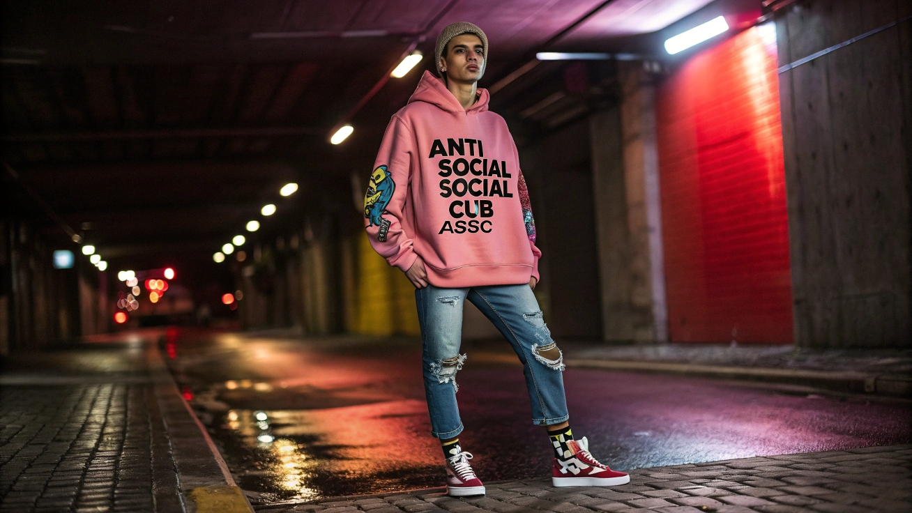 A model wearing an oversized Anti Social Social Club-inspired hoodie with bold graphic prints and vibrant colors, paired with distressed jeans and chunky sneakers, standing in a dimly lit urban alley with neon reflections, creating a moody streetwear vibe.
