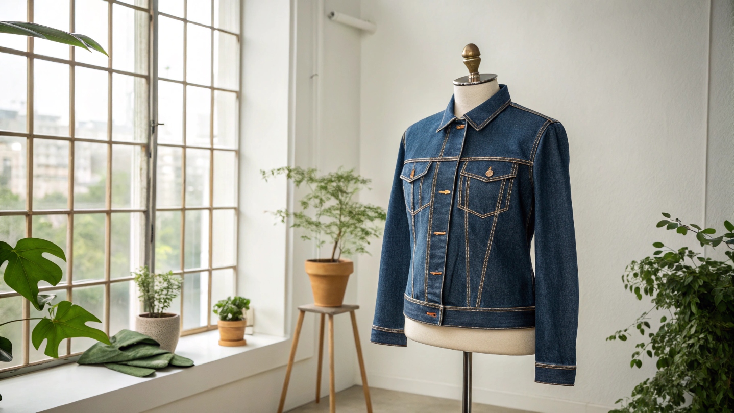 A high-quality denim jacket made from organic cotton with intricate stitching and eco-friendly dye, displayed on a mannequin in a minimalist studio with soft natural lighting.