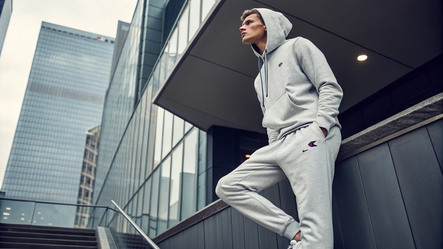 A model wearing a custom Champion-style hoodie and sweatpants, showcasing premium fabric textures against a sleek urban backdrop with soft lighting highlighting the details.