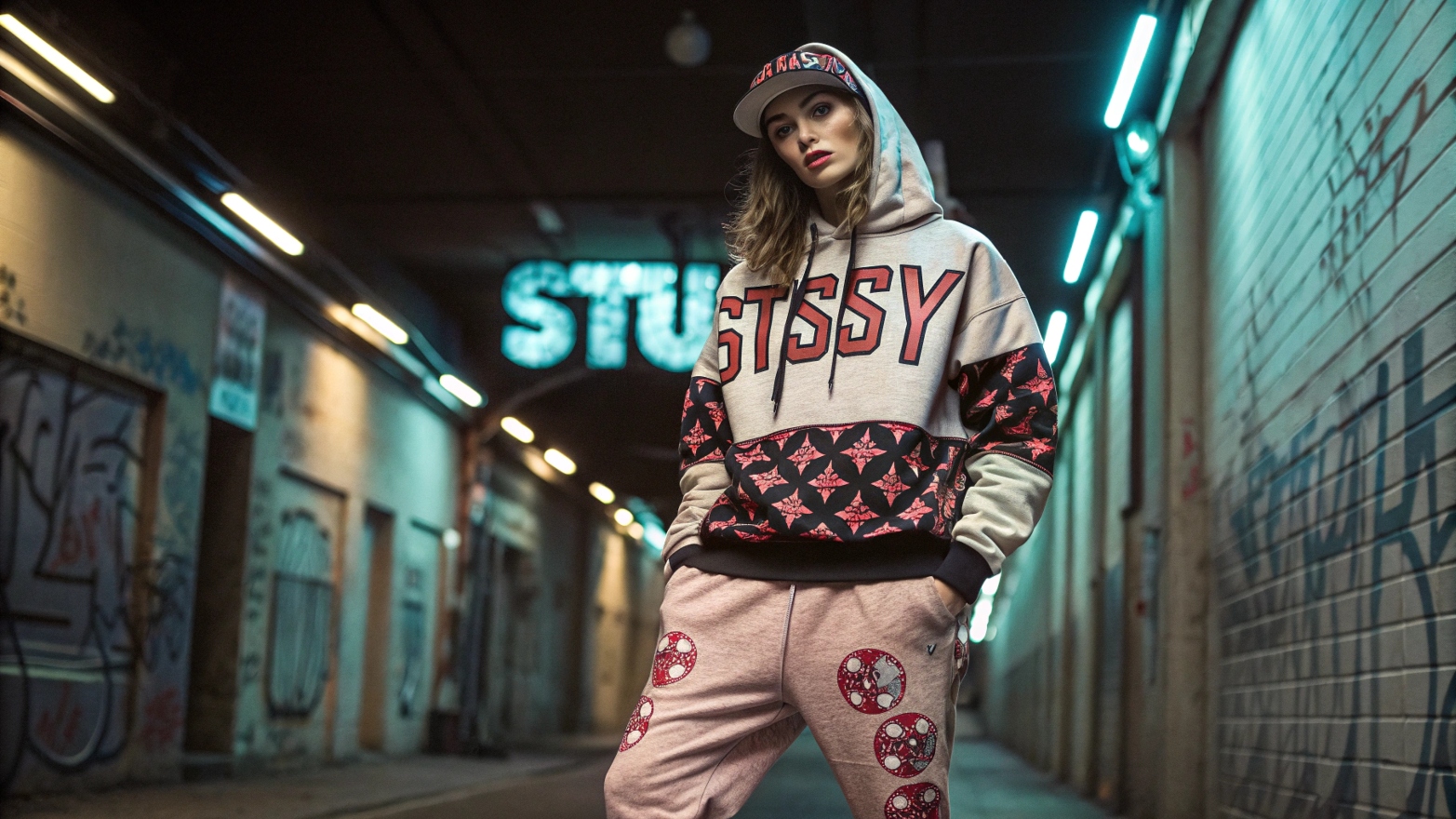A model wearing a custom Stussy-inspired oversized graphic hoodie with bold typography, relaxed-fit nylon joggers, and a vintage snapback, posing in an urban alleyway with graffiti-covered walls under moody neon lighting.