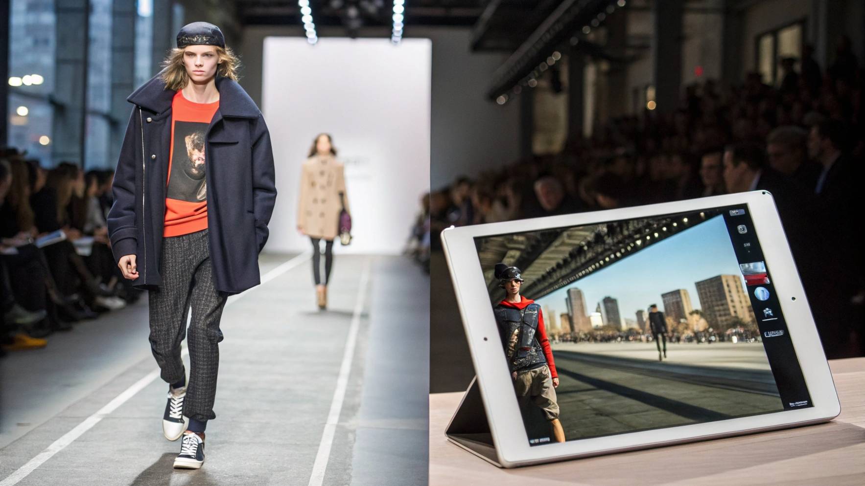 A model styled in streetwear, with a digital tablet showing street style images, contrasted with models walking the runway where high fashion merges with streetwear, emphasizing how street culture influences both casual street style and high-fashion runways.