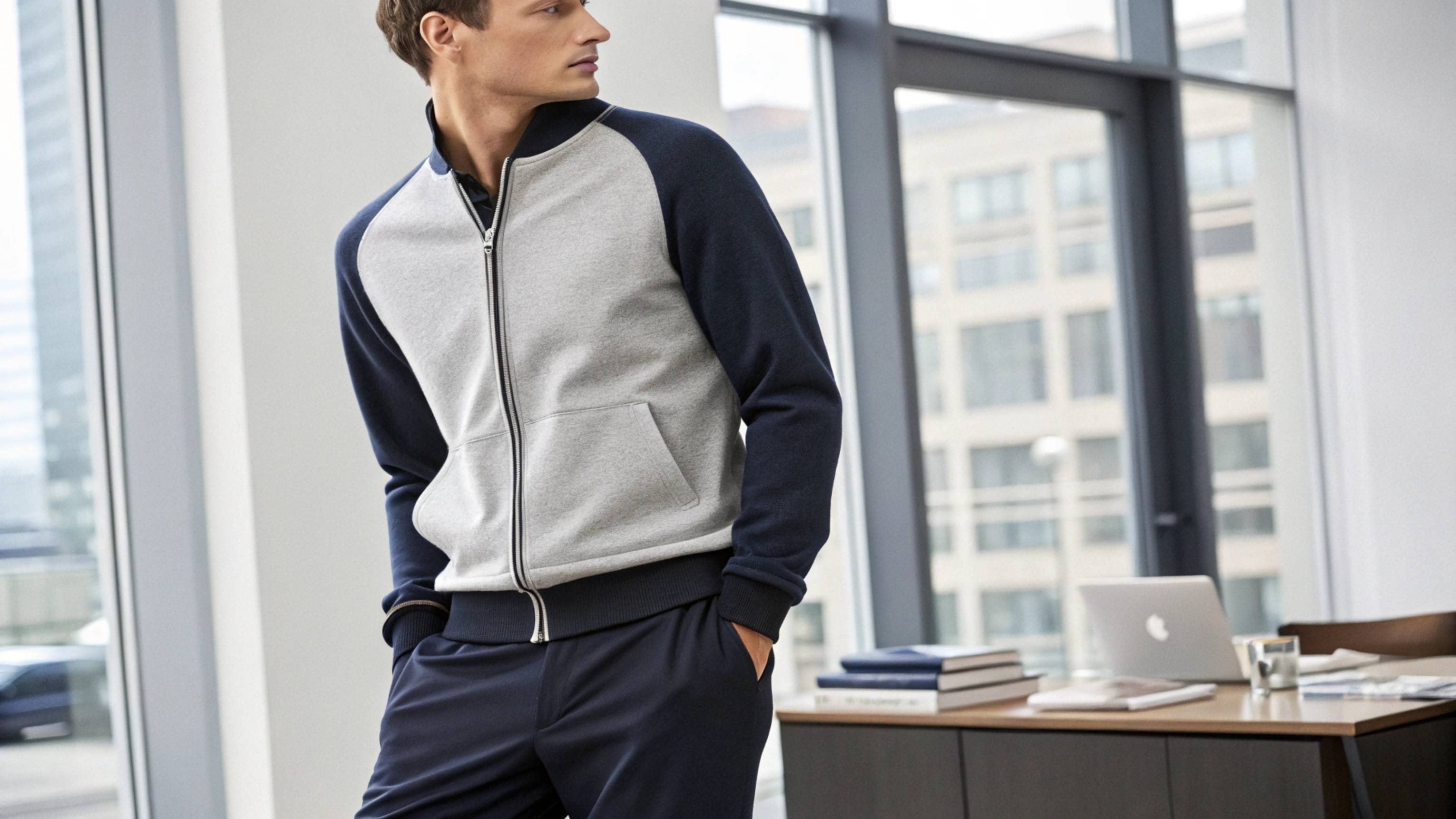A model wearing a high-quality cotton baseball sweatshirt paired with tailored trousers or chinos and a lightweight blazer, showcasing how the sweatshirt can be styled for a polished, work-appropriate smart-casual look.