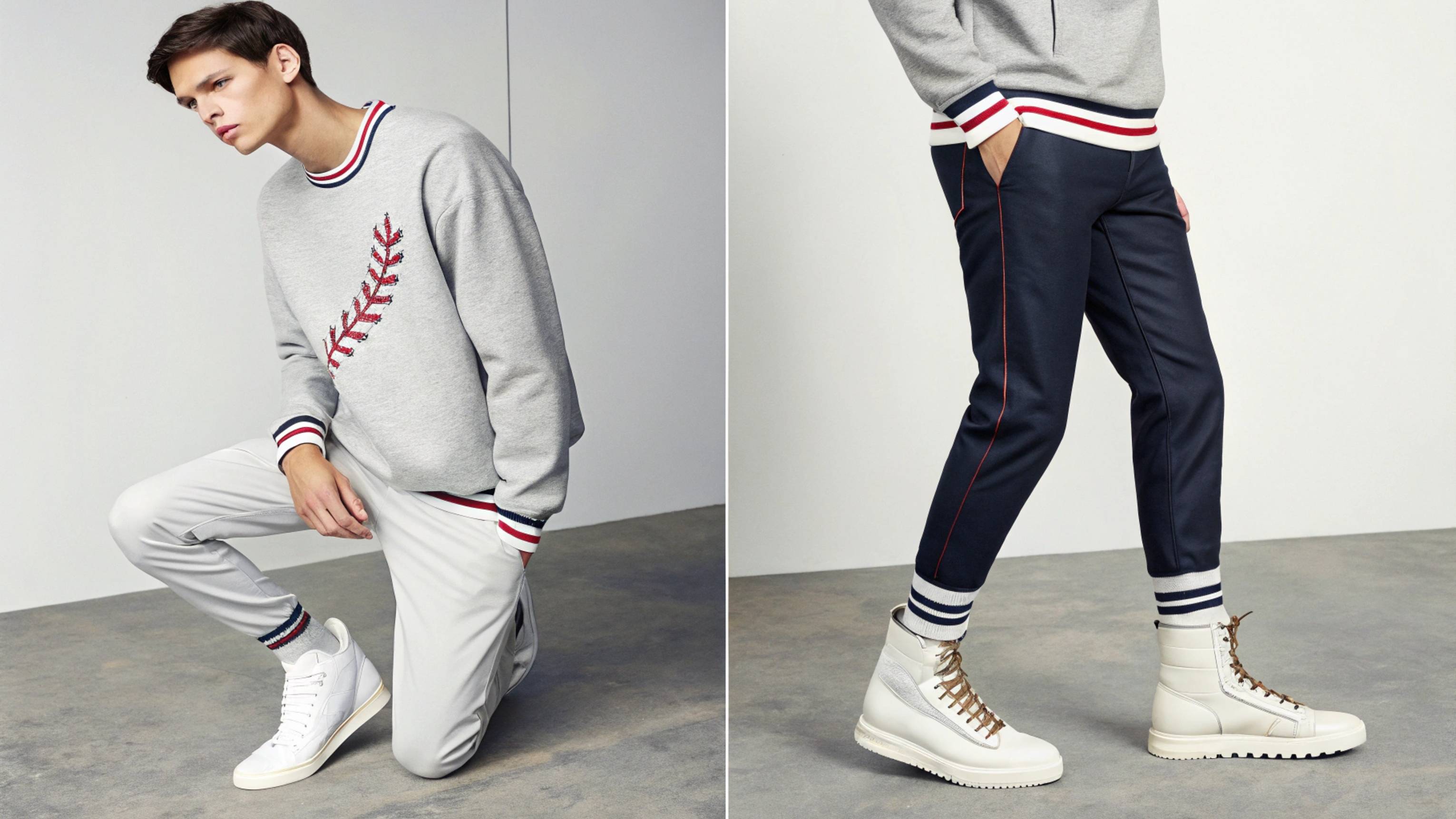 Two models wearing baseball sweatshirts—one paired with classic white sneakers for a sporty, laid-back look, and the other with rugged leather boots for a tougher, edgy vibe, showcasing the versatility and comfort of both styles