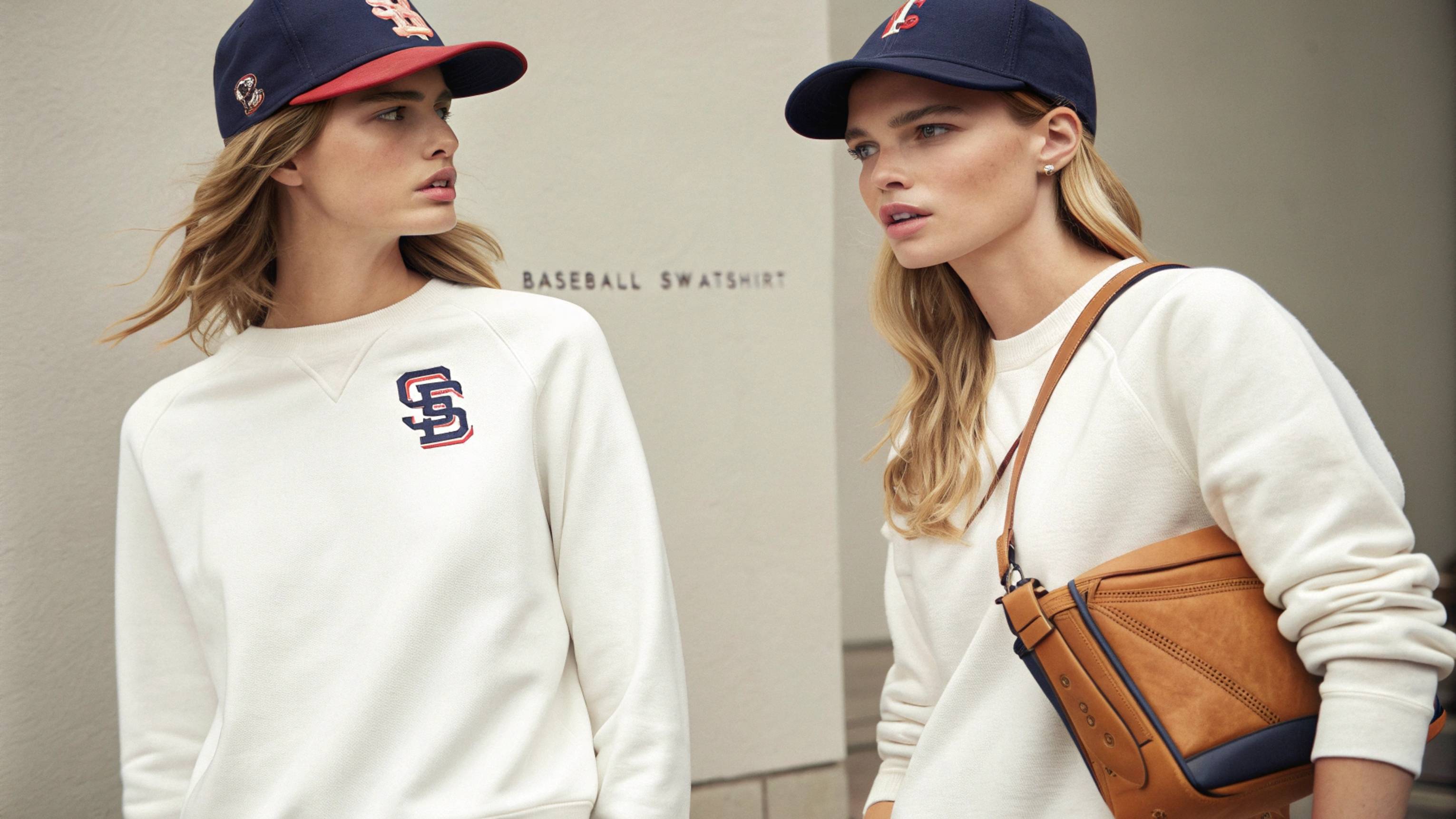 Two models wearing baseball sweatshirts—one styled with a baseball cap for a sporty touch, and another paired with a crossbody bag for a practical, stylish look, highlighting accessories that complement a laid-back, everyday vibe