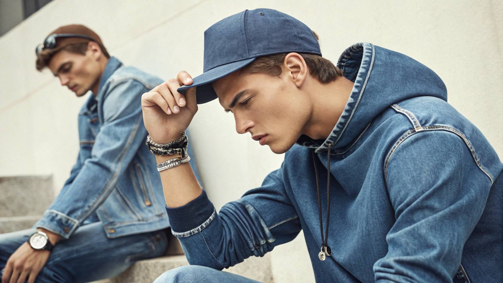 Two models wearing denim sweatshirts—one accessorized with a casual baseball cap for a laid-back vibe, and the other with a sleek watch and layered bracelets for added sophistication, showcasing how accessories elevate the casual denim sweatshirt style
