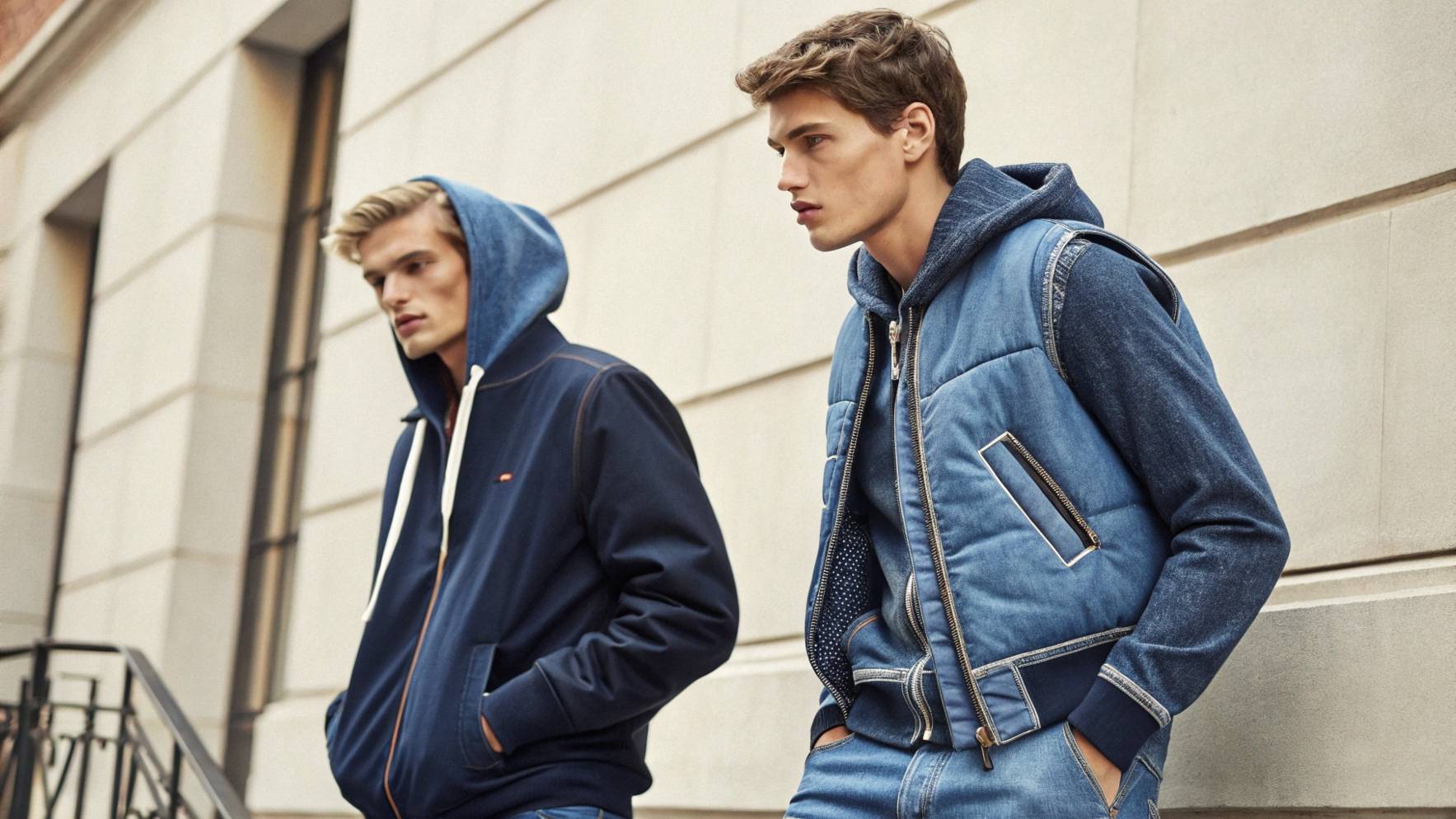 Two models wearing denim sweatshirts—one layered under a bomber or leather jacket for added warmth and style, and the other paired with a vest for a fall-ready look, showcasing how the denim sweatshirt adapts to various layering styles for different weather conditions.