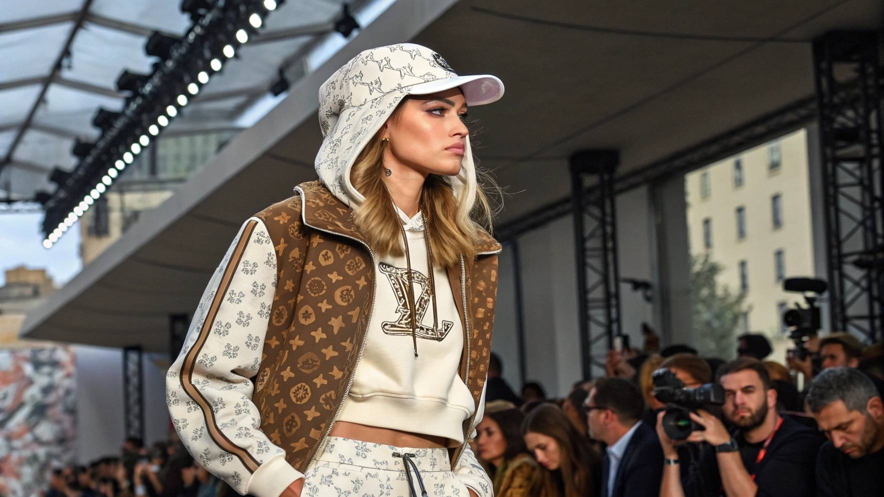 A model wearing a trendy streetwear outfit from a popular brand collaboration, with details highlighting the collaboration's impact on new styles, while influencers and celebrities, shown in social media feeds and paparazzi shots, emphasize their role in popularizing these trends.