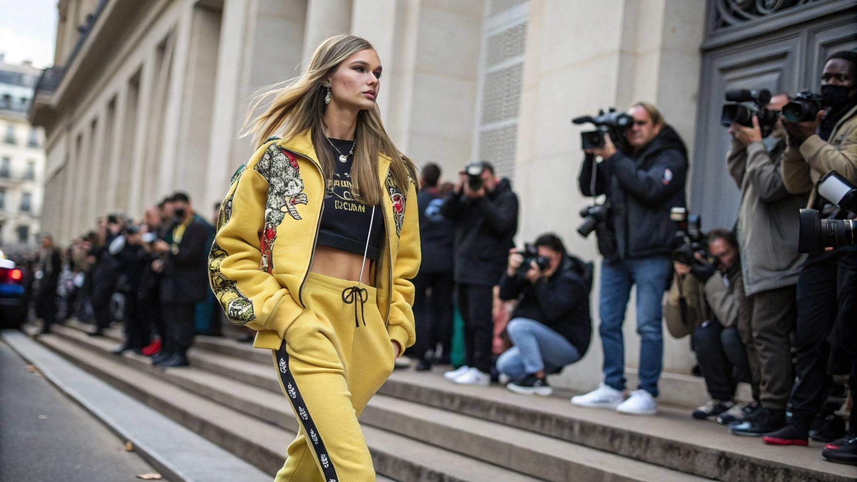 A model wearing the latest streetwear inspired by Instagram and TikTok trends, with influencers and celebrities like Kanye West, Travis Scott, and Rihanna influencing global fashion, shown in social media feeds and paparazzi shots, highlighting how these platforms and figures shape streetwear culture