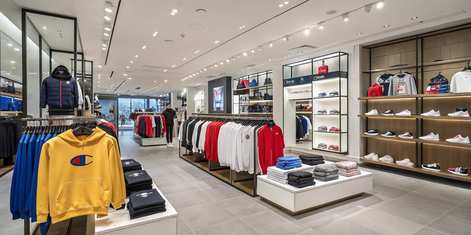 A modern Champion flagship store with neatly arranged shelves of exclusive hoodies, T-shirts, and athletic wear, featuring vibrant lighting, stylish mannequins, and customers browsing limited-edition releases.