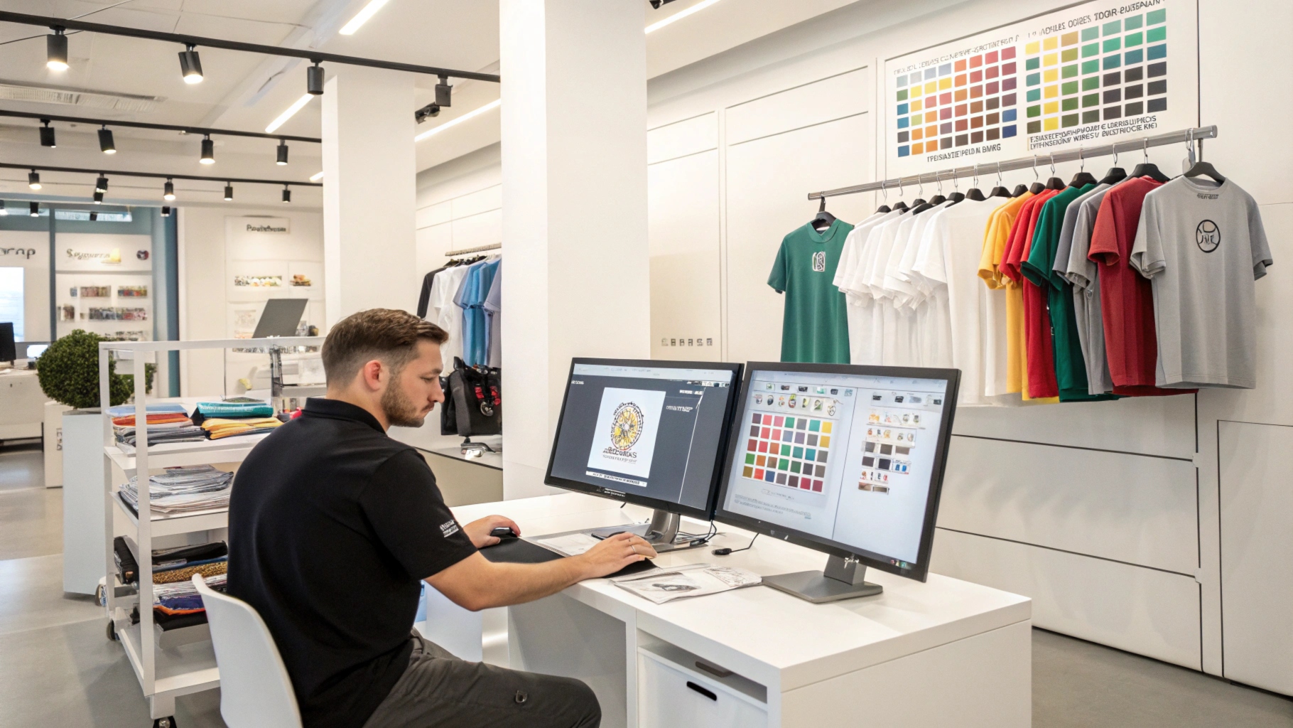 Designer preparing detailed T-shirt designs on a computer in a custom manufacturing studio.