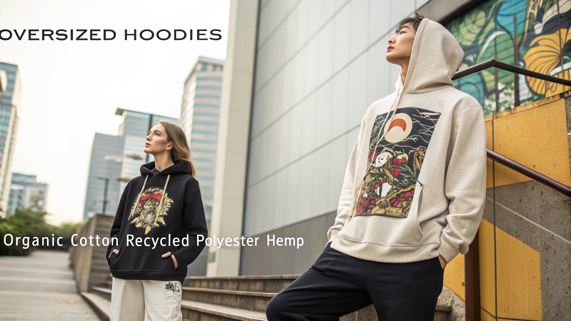 Streetwear scene featuring oversized hoodies with bold graphics, large logos, and eco-friendly materials like organic cotton and recycled polyester, showcasing inclusivity with gender-neutral designs