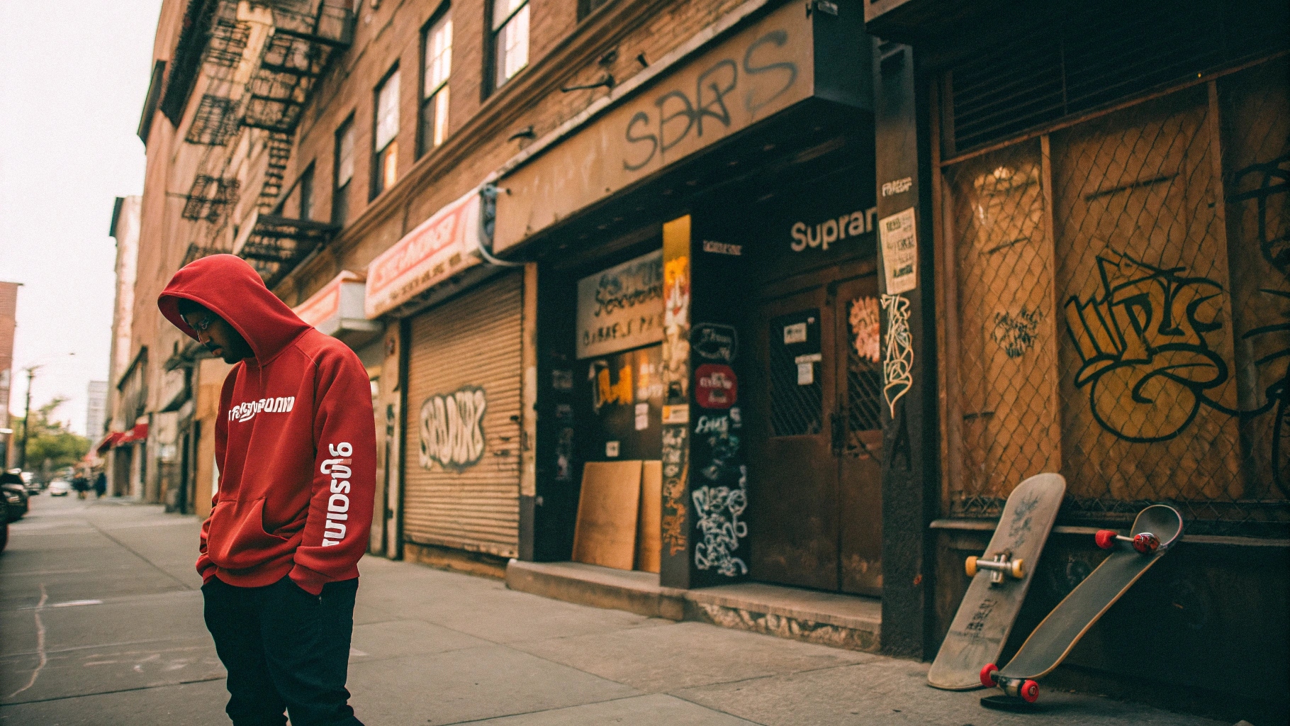 A young skater in a Supreme box logo hoodie outside the original Supreme store in NYC, with graffiti walls and skateboards, capturing 90s skate culture.