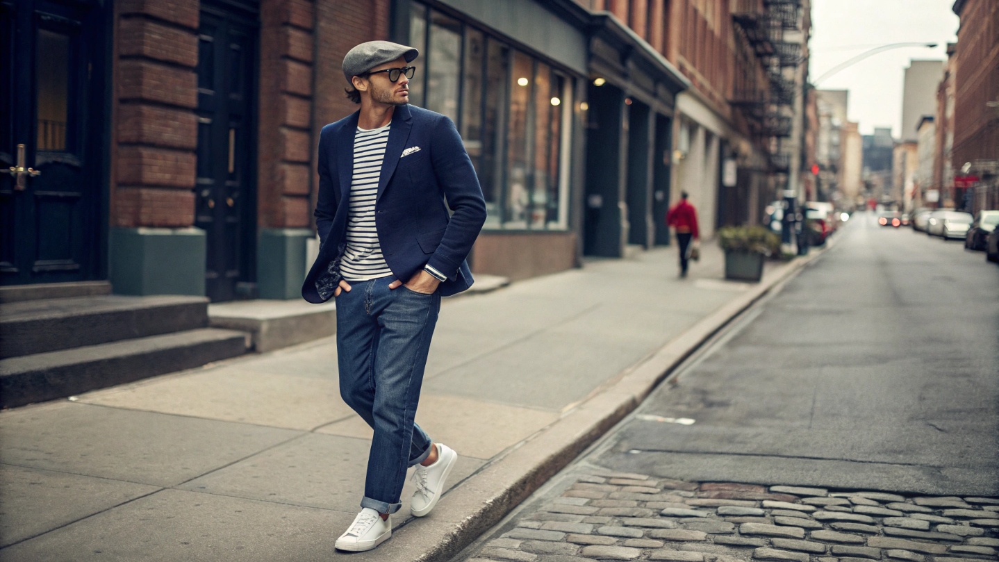 A stylish man in a Noah-inspired outfit, wearing a navy wool blazer over a striped Oxford shirt, paired with relaxed-fit Japanese selvedge denim jeans, white sneakers, and a vintage-inspired cap, set against an urban cityscape with brick buildings and a boutique storefront.